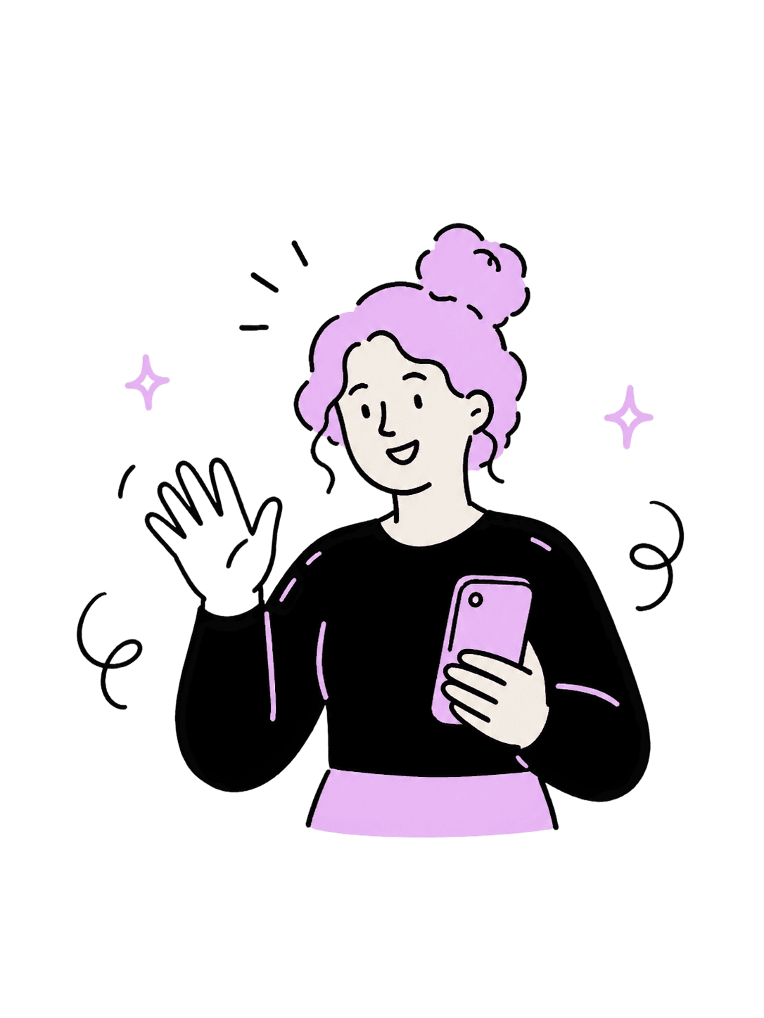 Illustration of a woman with lilac hair waving and holding her phone